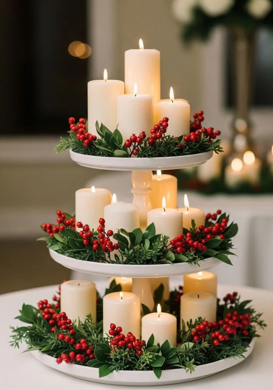 Three-tier white stand with pillar candles on each level ringed with red berries and green leaves