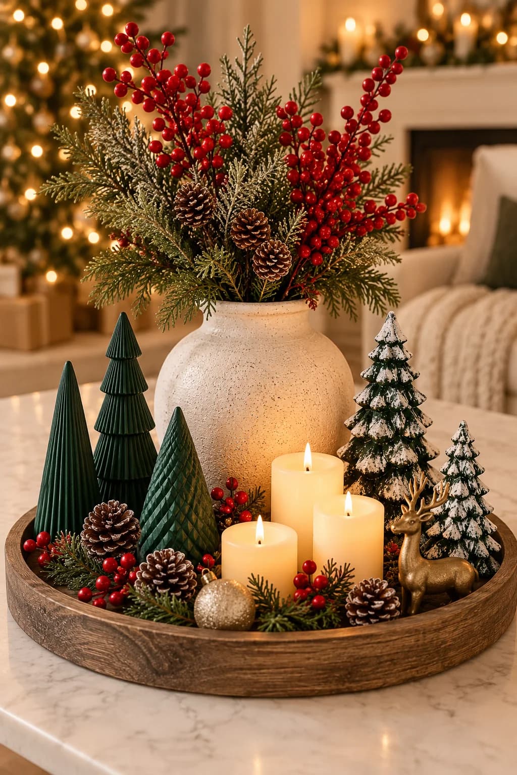 Round wooden tray with a ceramic vase of pine and red berries, pillar candles and small green ceramic trees