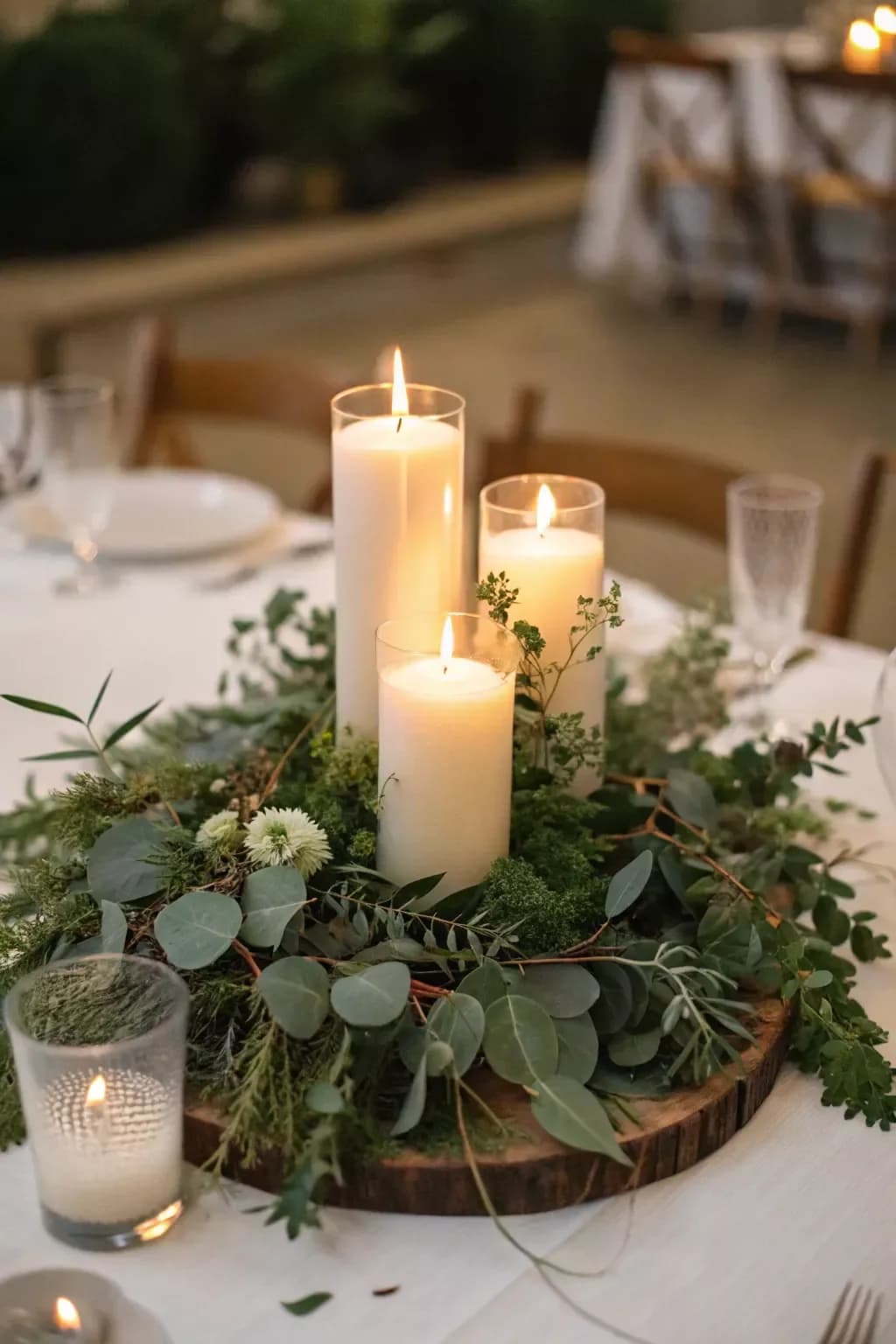 Three pillar candles in glass cylinders on a wood slice ringed with eucalyptus on a white tablecloth
