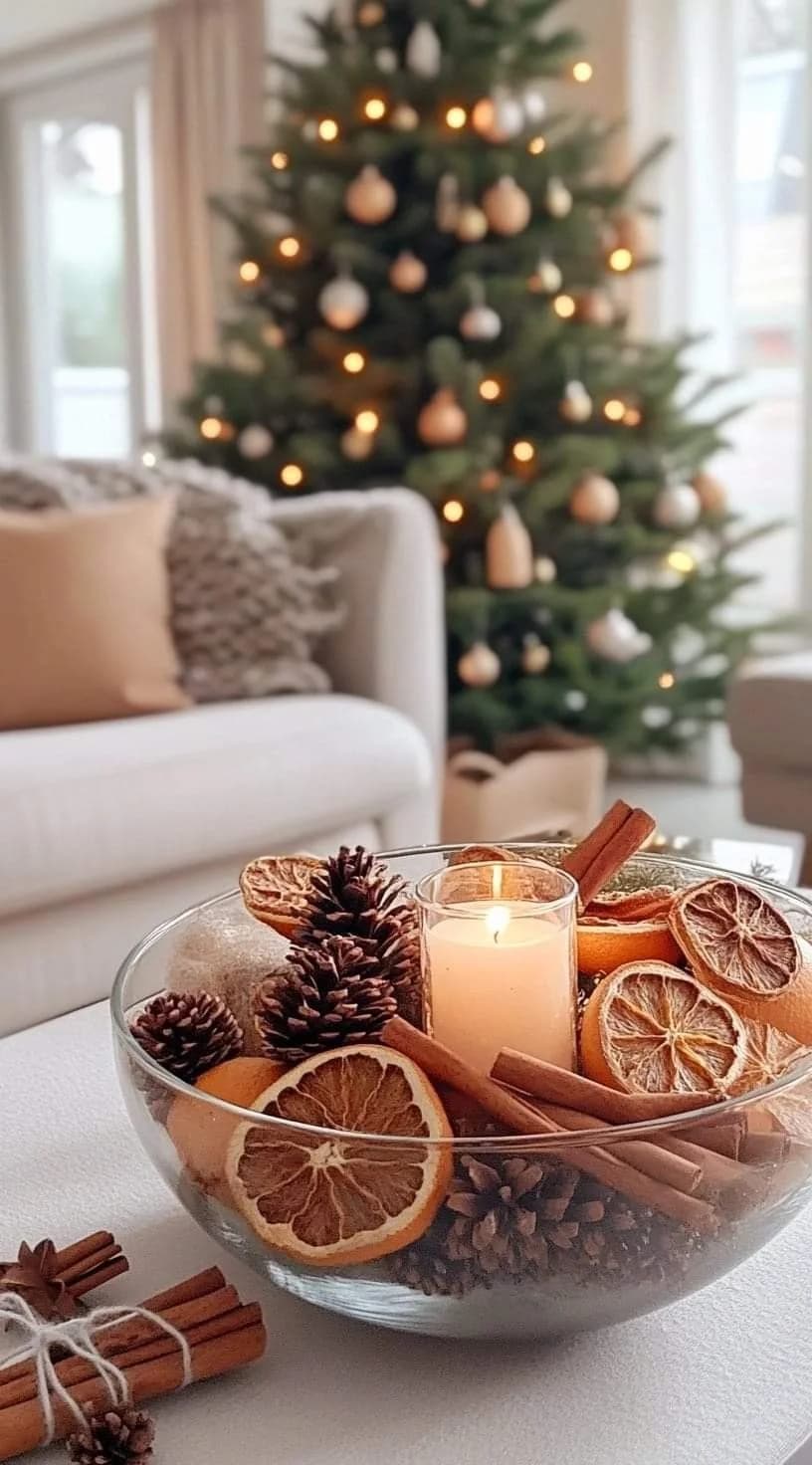 Clear glass bowl of dried orange slices, cinnamon sticks and pine cones with a candle in glass at the center, a bundle of cinnamon sticks beside it and a lit tree behind