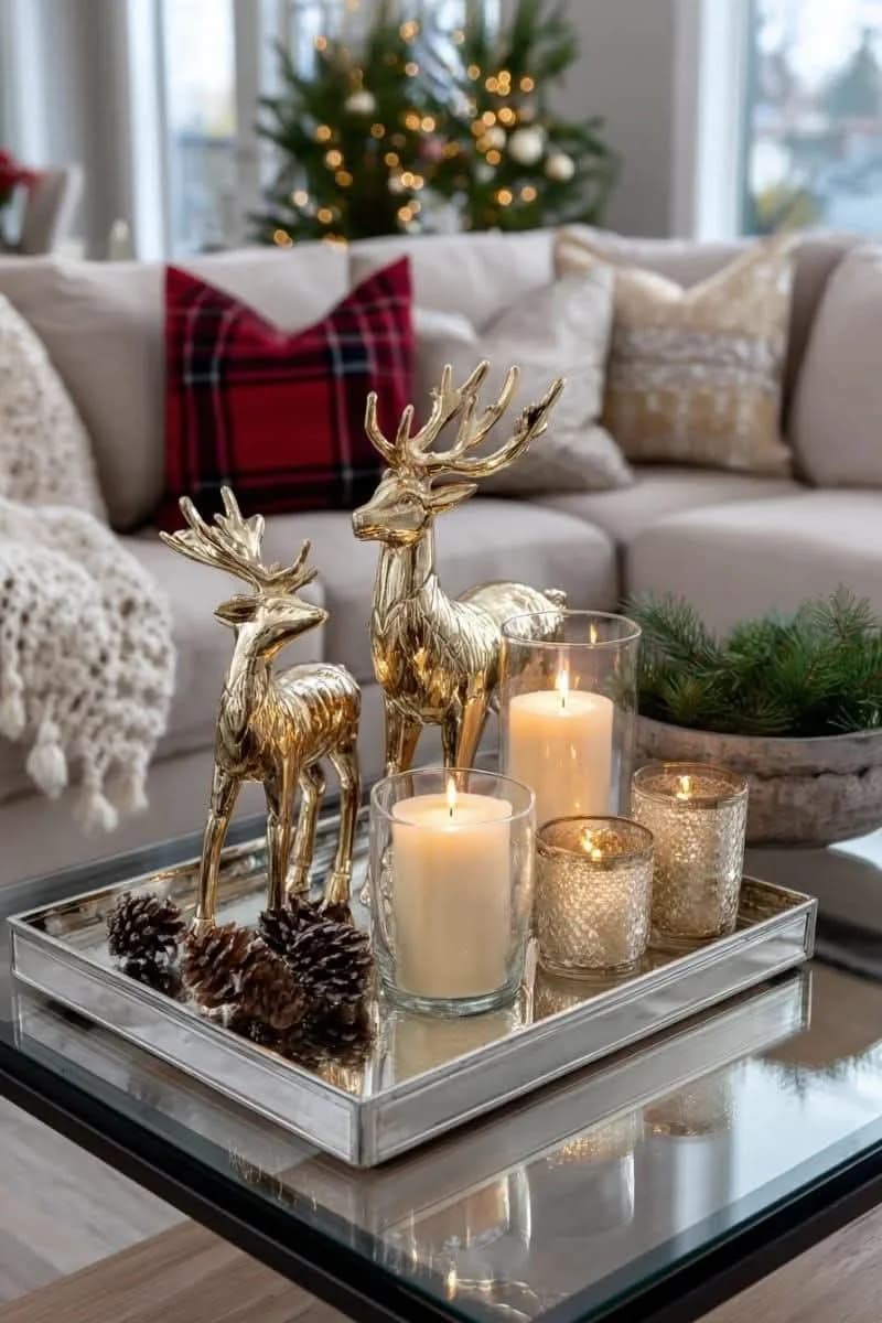 Mirrored tray on a glass coffee table with two brass reindeer, three candles in clear and mercury glass and pine cones, a grey sofa with a plaid cushion behind