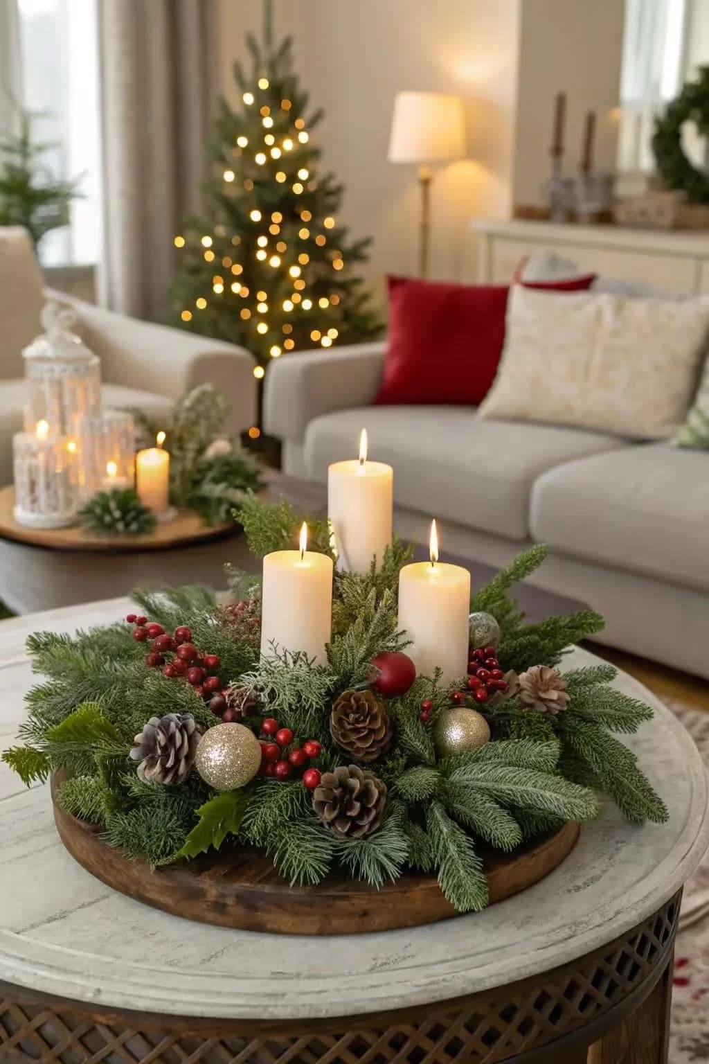 Round stone-topped coffee table with a flat evergreen wreath on a wooden board, three white pillar candles in the center, pine cones, red berries and baubles