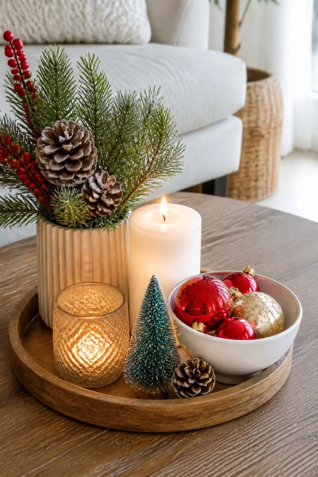 Round wooden tray on a wood coffee table with a ribbed vase of pine, berries and pine cones, a white pillar candle, a glass tea light, a bottle-brush tree and a bowl of red and gold baubles