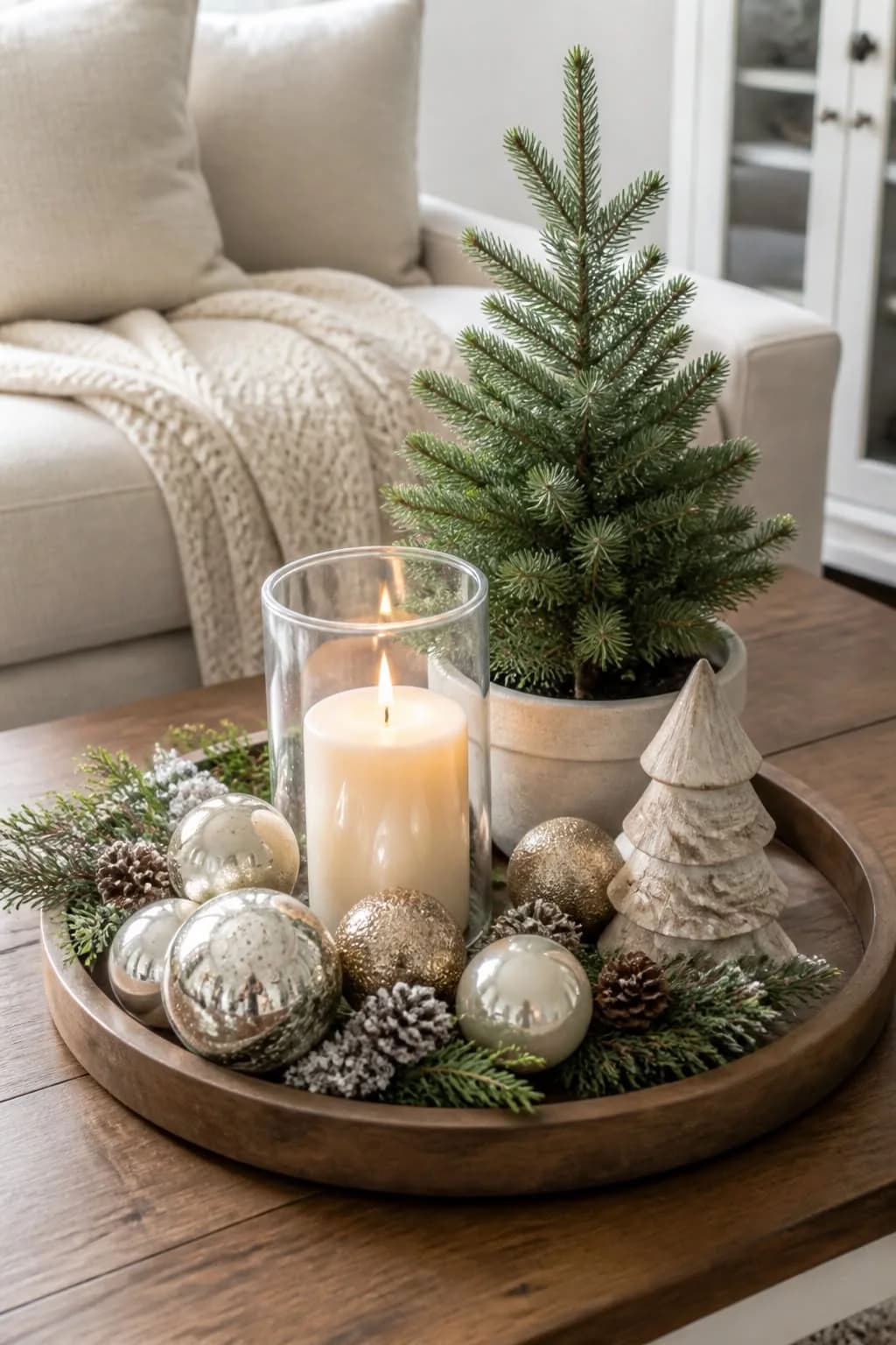 Round wooden tray with a small potted fir tree, a pillar candle in a glass cylinder, silver and champagne baubles, frosted pine cones and a ceramic tree