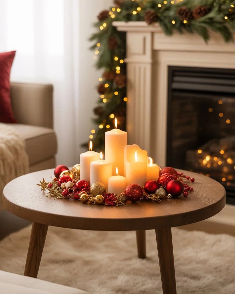 Small round wooden coffee table with a cluster of cream pillar candles ringed by red and gold baubles, berries and stars, beside a fireplace with a lit garland