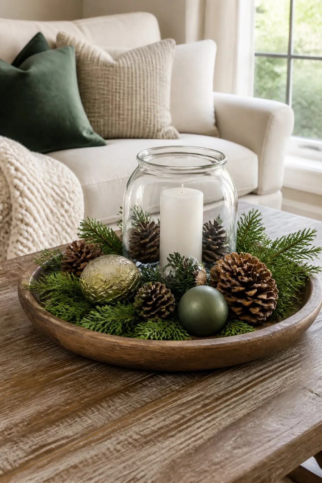Shallow wooden bowl on a rustic coffee table filled with evergreen sprigs, pine cones and green and gold baubles around a white candle in a glass jar