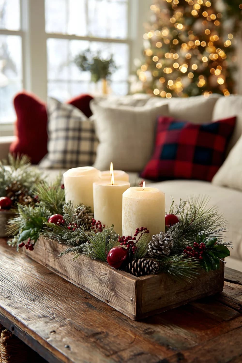 Long rustic wooden box on a dark wood coffee table holding three cream pillar candles, pine, frosted greenery, pine cones and red berries, with plaid cushions on the sofa behind