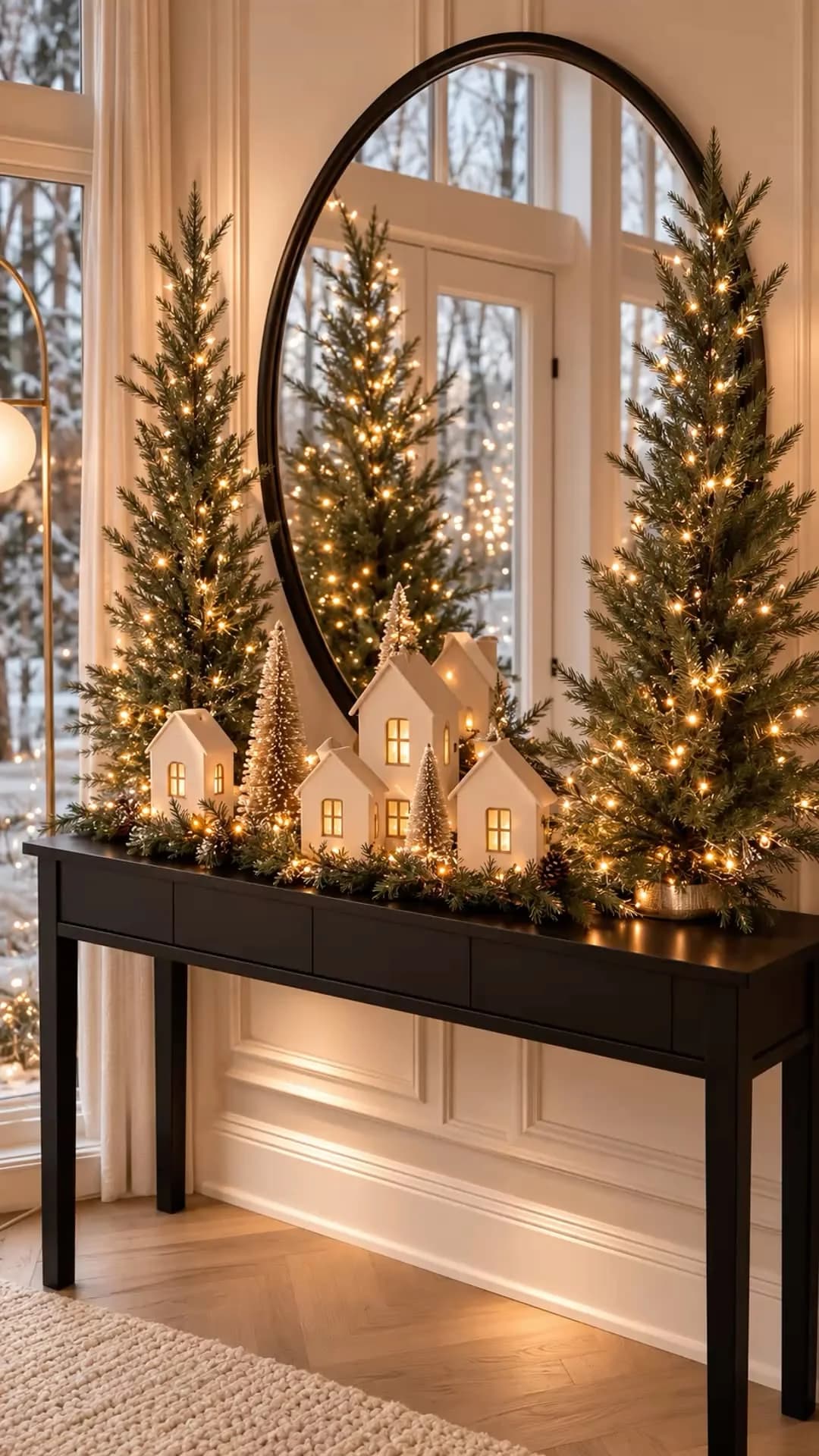 Black console table with two lit trees, a row of white ceramic houses and small bottle-brush trees in front of a large round mirror