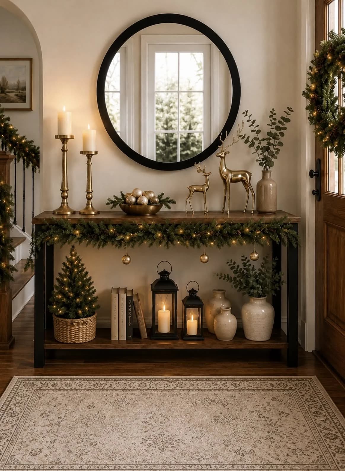 Dark console with a lit garland along the front edge, brass candlesticks and reindeer under a round black mirror, lanterns and a small tree on the lower shelf