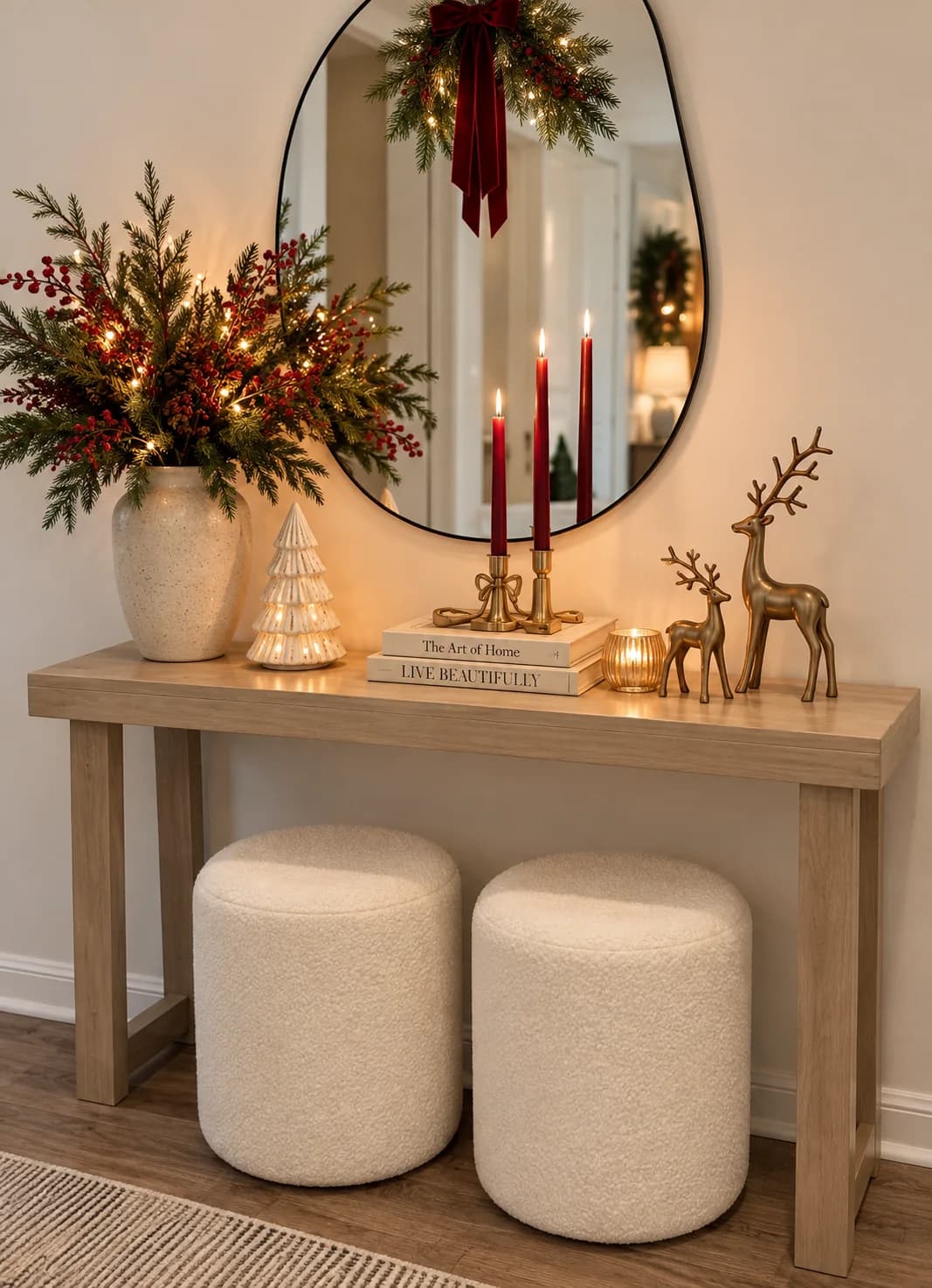 Light wood console with a vase of pine and red berries, red taper candles, brass reindeer and a swag tied to an oval mirror, with two boucle stools underneath