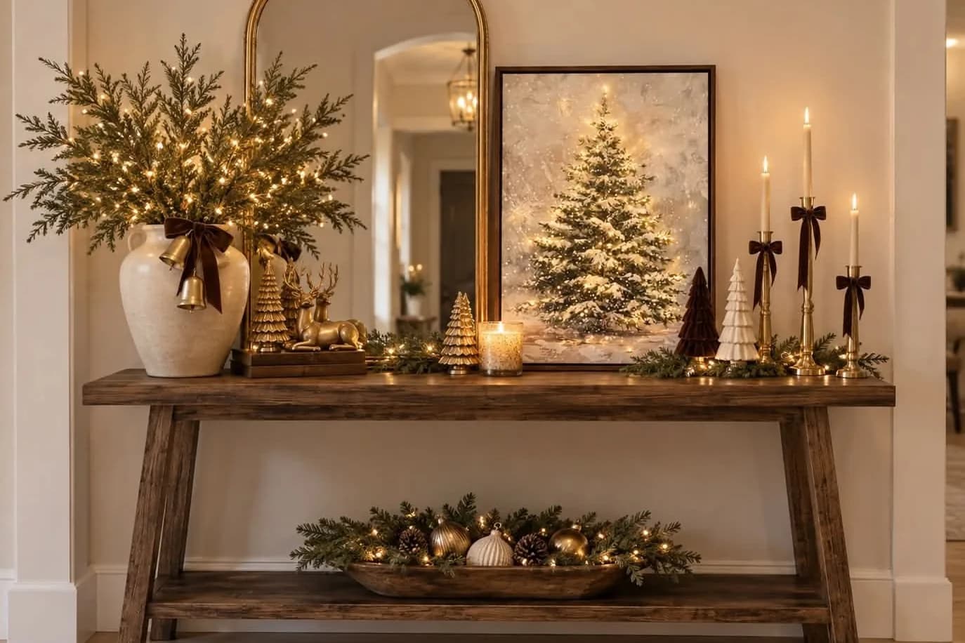Rustic wooden console table with a vase of lit evergreen branches, a framed painting of a snowy tree, taper candles with velvet bows and a bowl of ornaments on the lower shelf