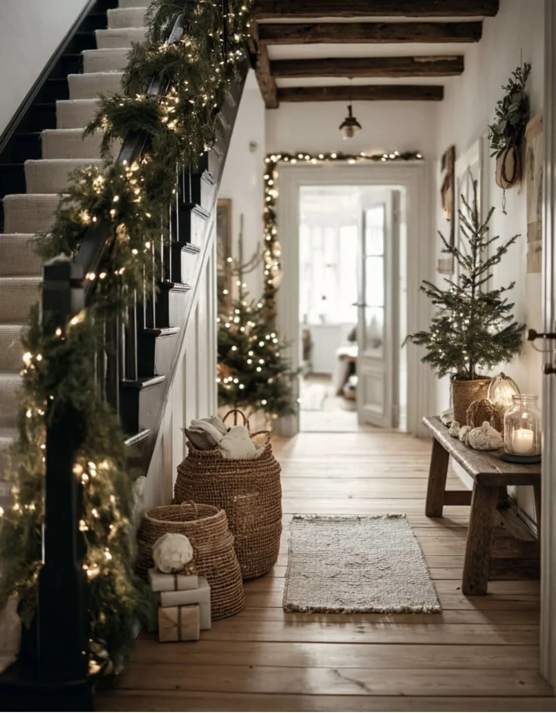 Hallway with a lit garland on a dark staircase, tall woven baskets of blankets and gifts at the foot, a rustic bench with a small tree and lights around a door frame