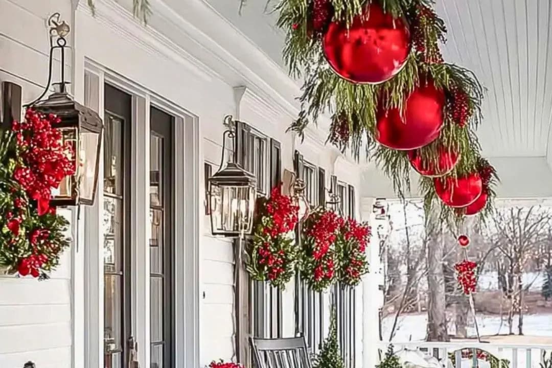 White farmhouse porch with oversized red ornaments in evergreen swags, wreaths on the windows and black lanterns
