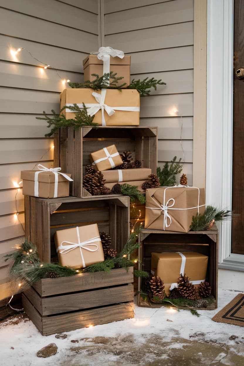 Stacked wooden crates on a porch filled with boxes wrapped in brown paper and string, pine sprigs and warm fairy lights