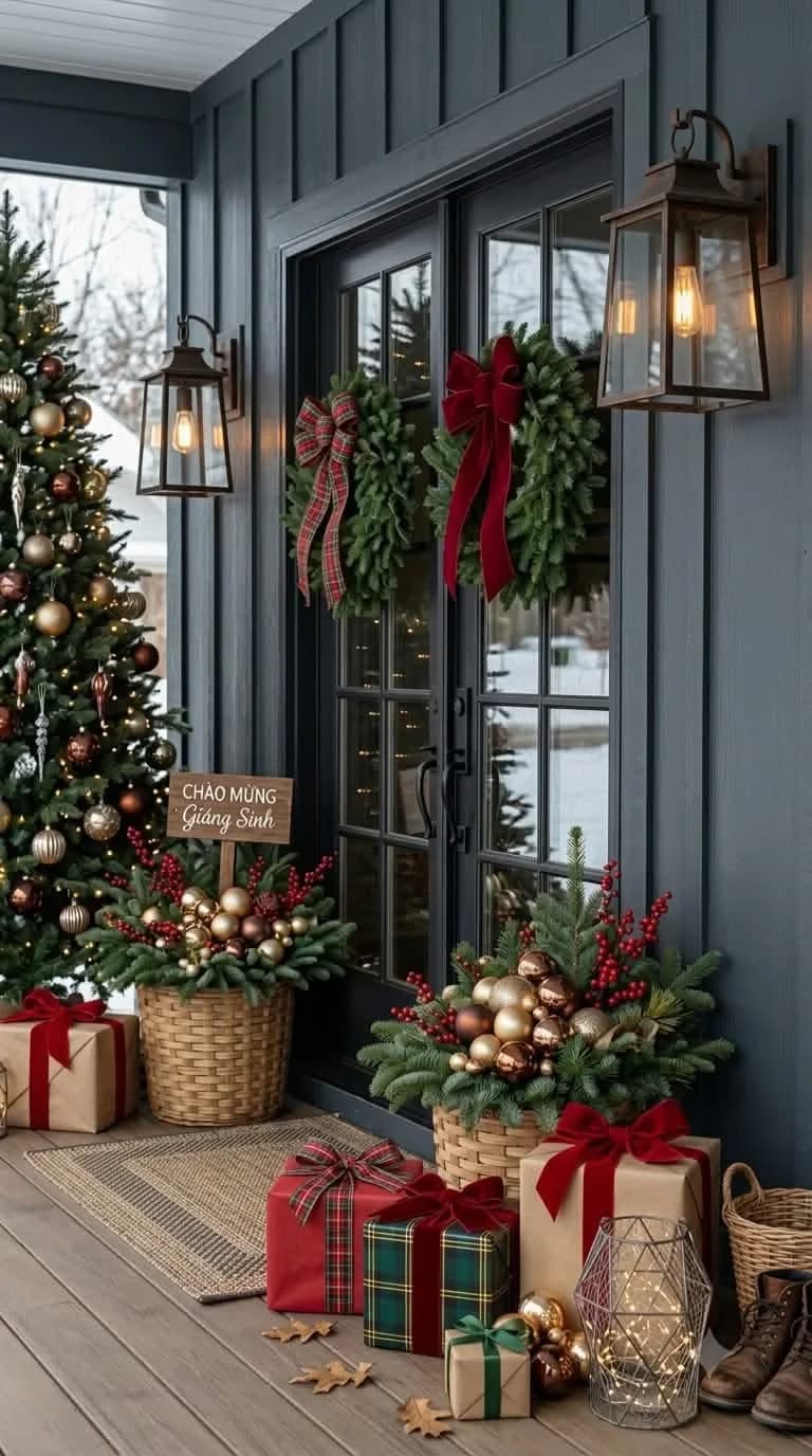 Dark gray porch with wreaths on glass double doors, a lit tree, baskets of greenery and wrapped gifts on the floor