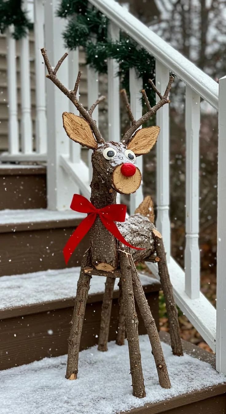 Reindeer made from logs and branches with a red bow and red nose standing on snowy porch steps