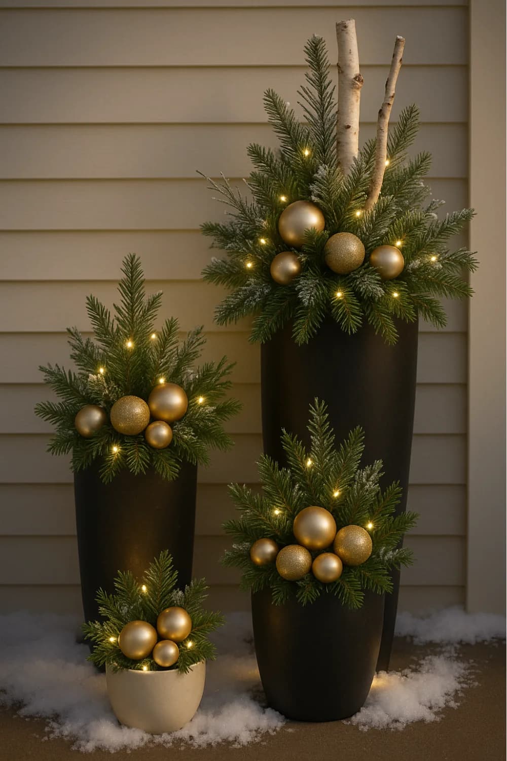 Three tall dark planters filled with evergreen branches, gold baubles, birch poles and warm lights against beige siding