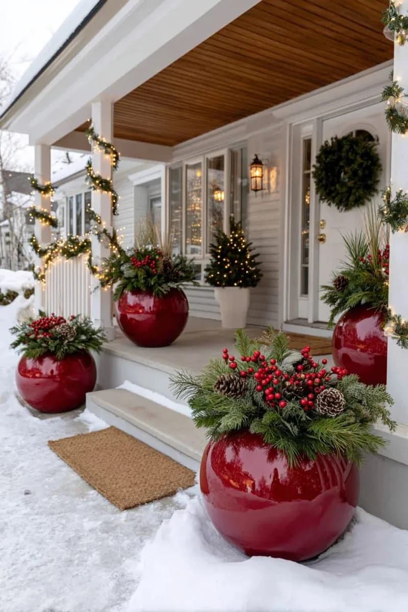 Snowy porch steps with glossy red round planters of evergreens, berries and pine cones, and a garland on the railing