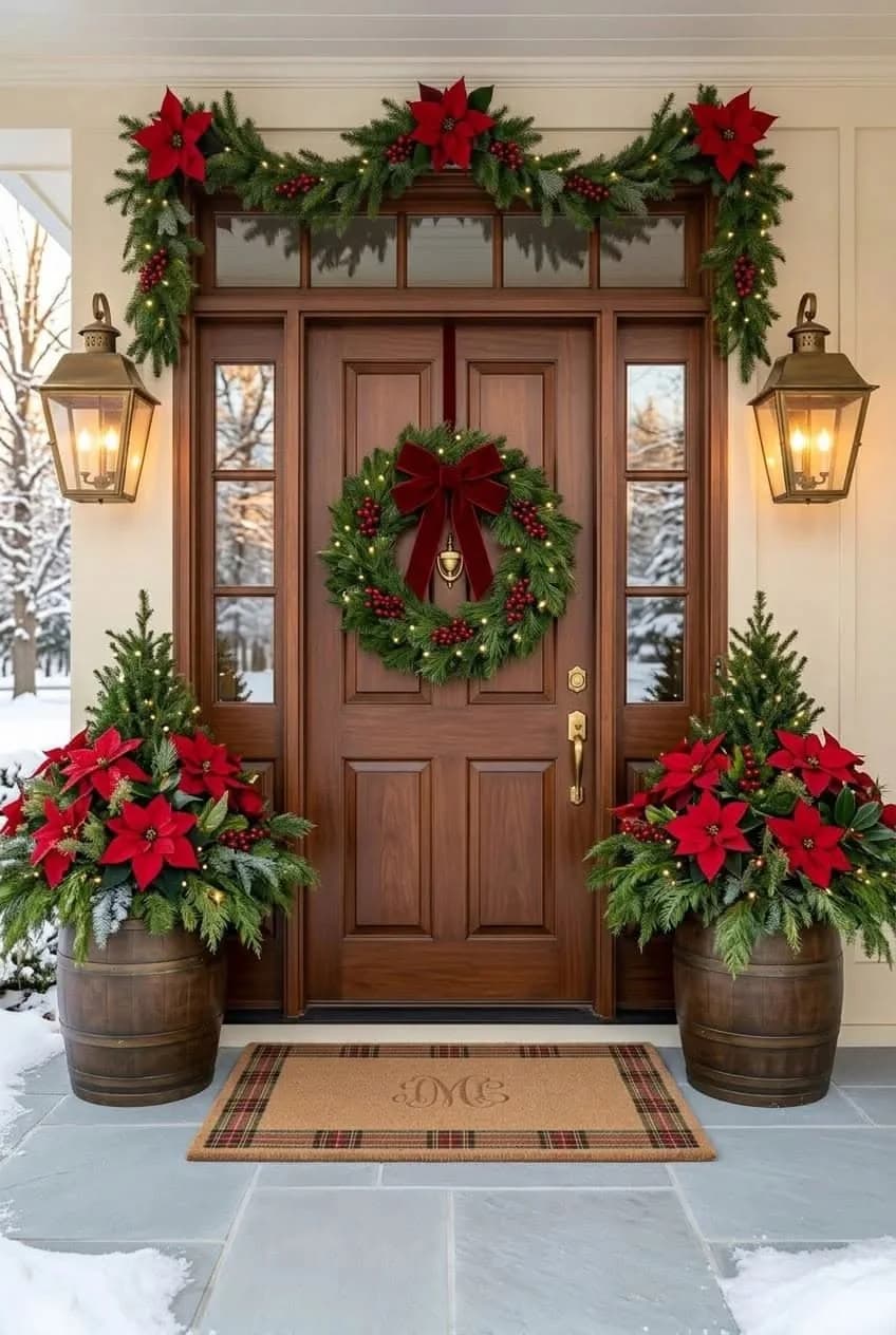 Wooden front door with a wreath, a poinsettia garland over the frame, brass lanterns and barrel planters of evergreens and red poinsettias