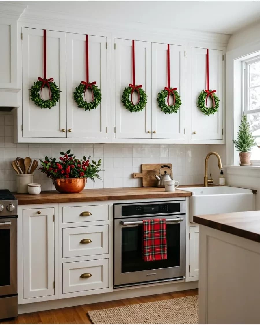 White kitchen with five small boxwood wreaths hung on red ribbons from the upper cabinet doors, a copper bowl of berries on a wood counter and a plaid towel on the oven door