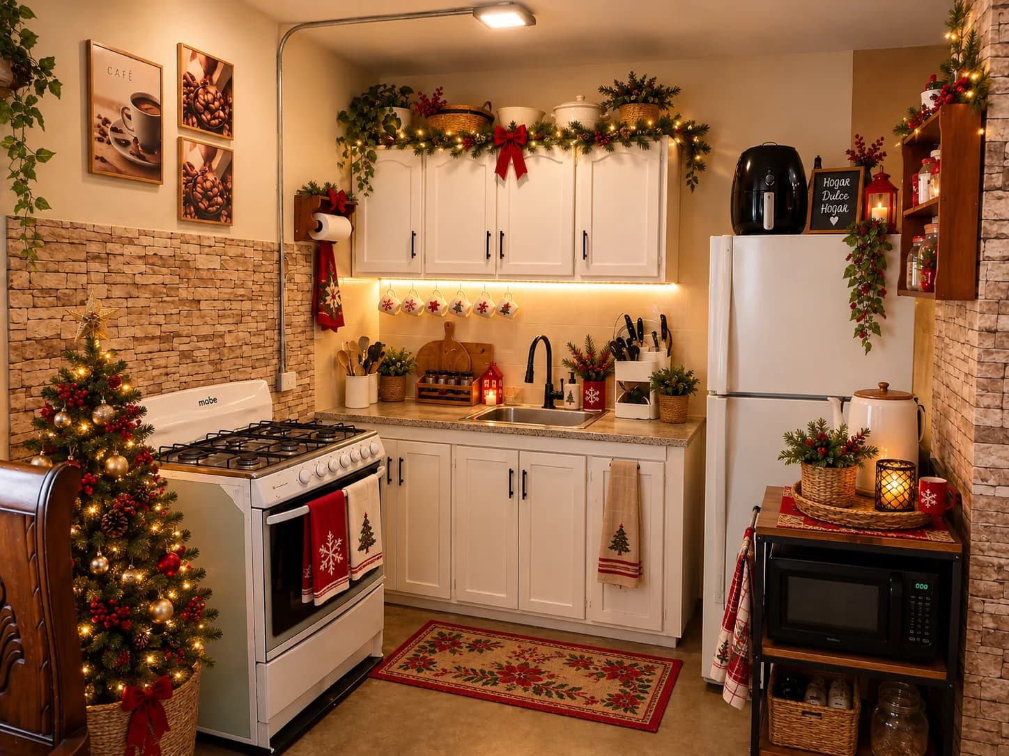 Small white kitchen at Christmas with a lit garland and red bow on top of the wall cabinets, a slim tree beside the range, red towels on the oven door and a red patterned runner