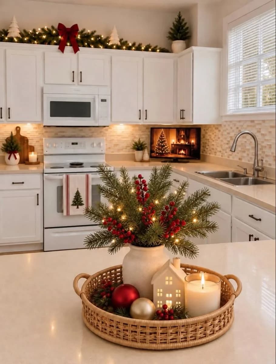 White kitchen with a lit garland and a red bow on top of the wall cabinets and a round woven tray on the island holding a vase of pine and berries, a candle and a small ceramic house