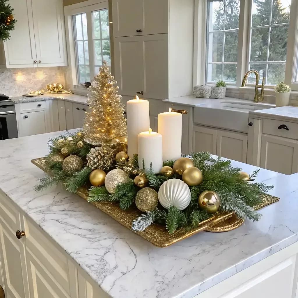 Gold tray on a white marble island with three white pillar candles, evergreen sprigs, gold and white baubles, pine cones and a small gold tree