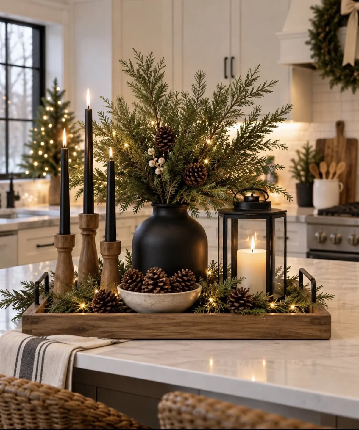 Wooden tray on a marble island holding a black vase of evergreen and pine cones, three black taper candles in wooden holders, a black lantern and a bowl of pine cones