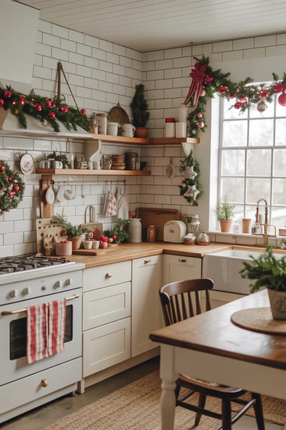 White tiled kitchen with wood open shelves, a red berry garland along the range hood and around the window, red striped towels on the oven door and a small tree on the shelf