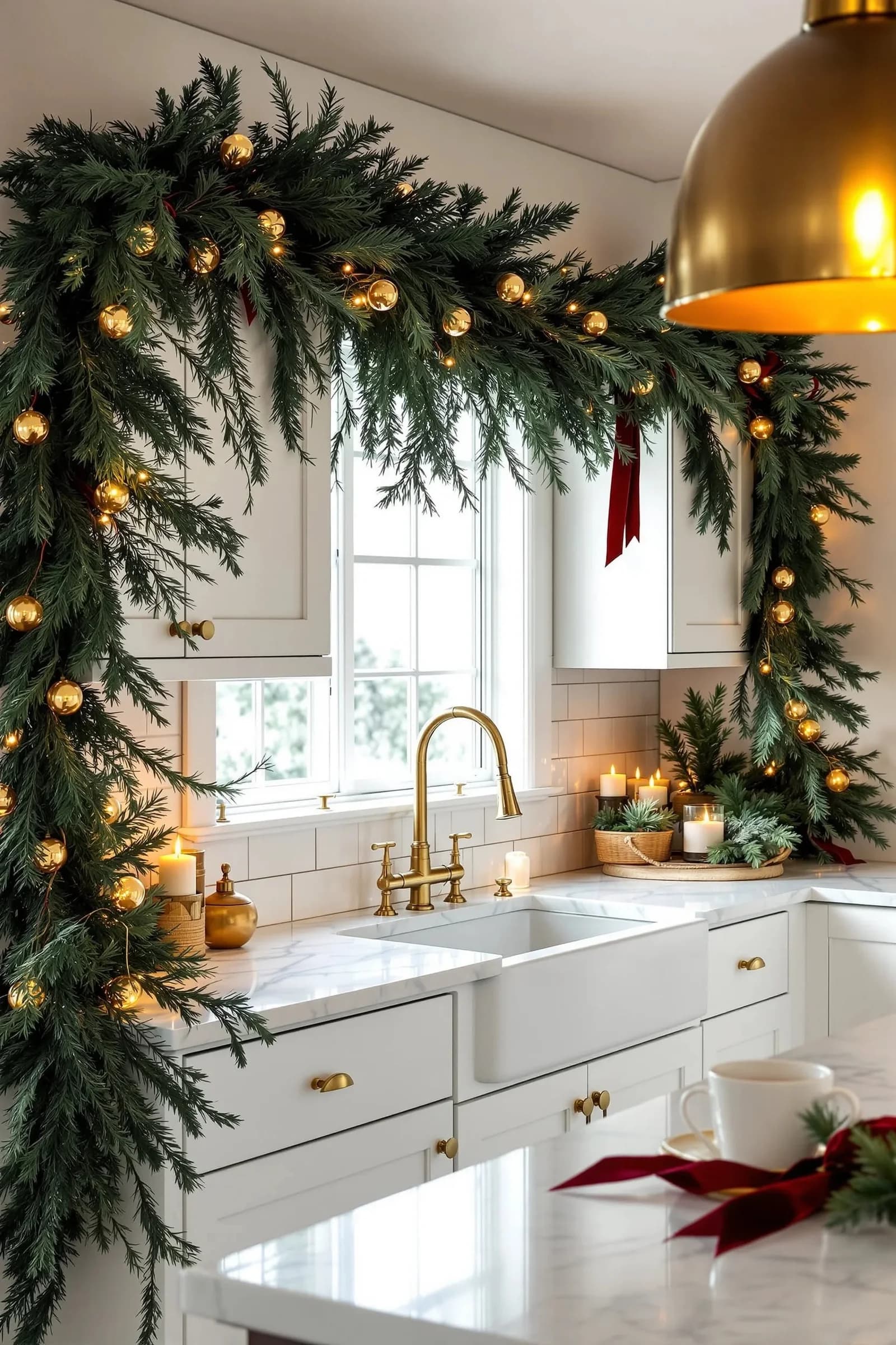 Kitchen window framed by a thick evergreen garland with gold baubles and a red velvet ribbon, a brass pendant lamp, a white apron sink with a brass tap and candles on the counter