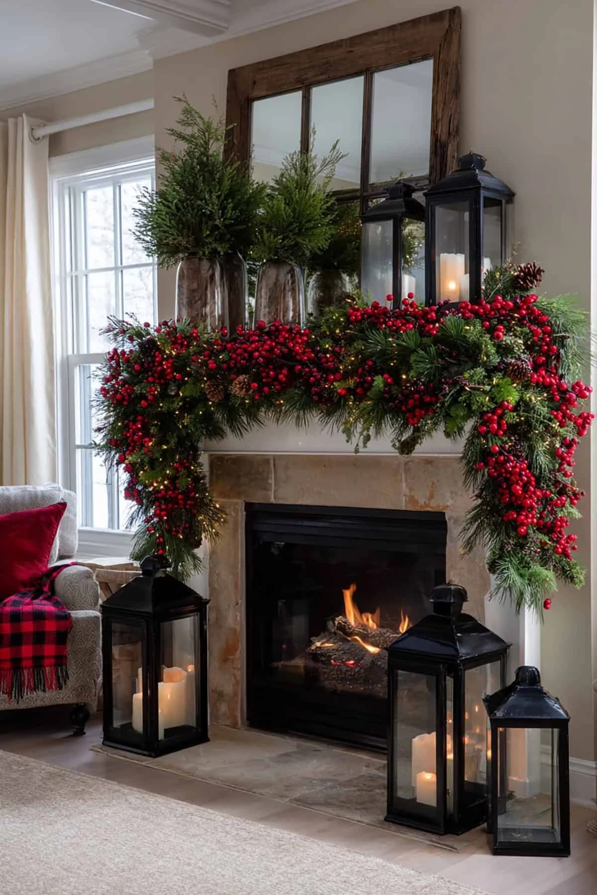 Red berry garland draped over a mantel with black lanterns on the mantel and the hearth