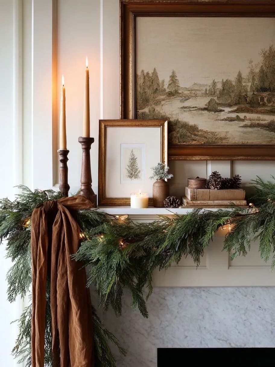 Garland and rust fabric draped off one end of a mantel beside wooden candlesticks and leaning framed art