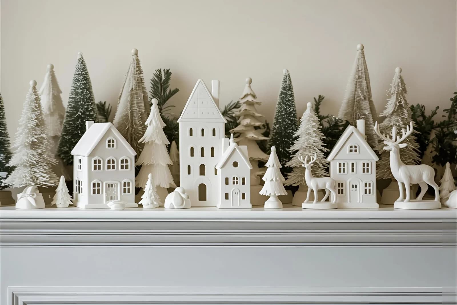White ceramic houses, bottle brush trees and reindeer lined up along a white fireplace mantel