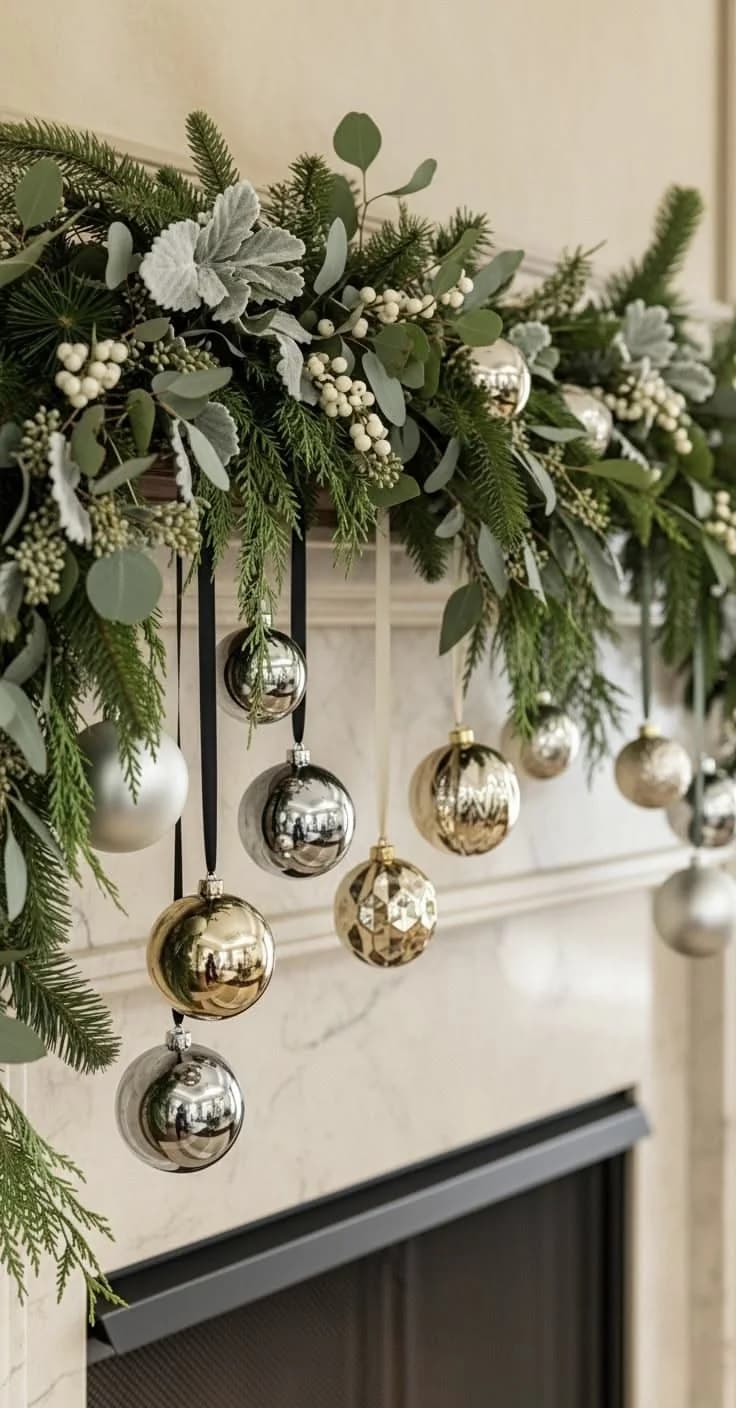 Gold and silver ornaments hanging on black ribbon from a eucalyptus and pine garland