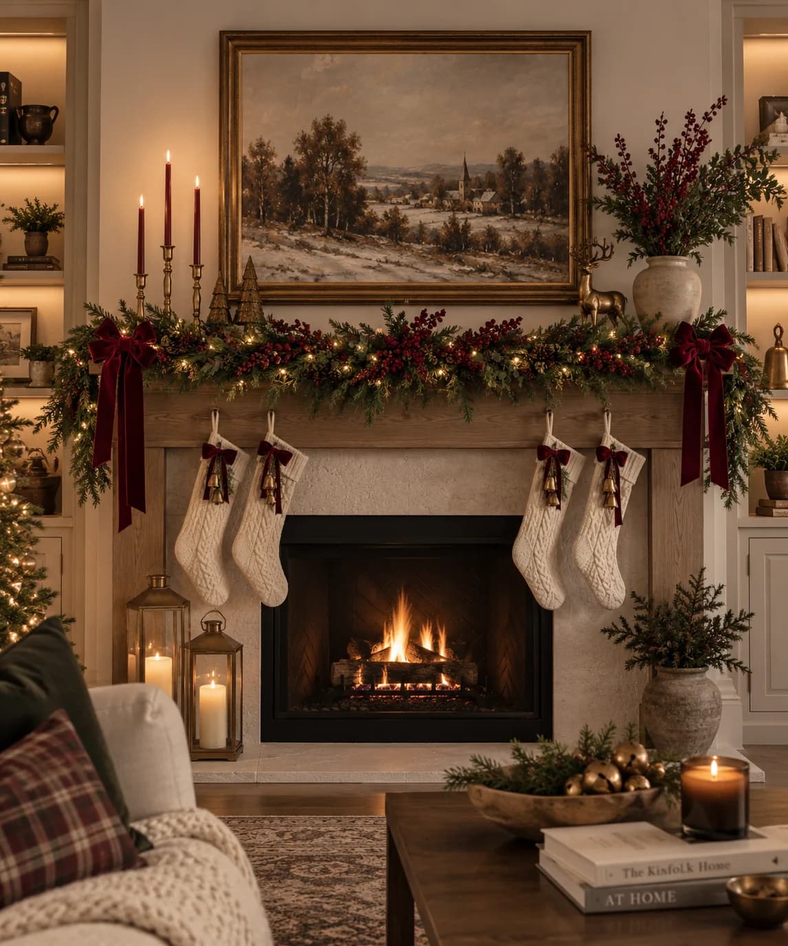 Lit garland with red ribbon and four cream knitted stockings on a mantel under a landscape painting