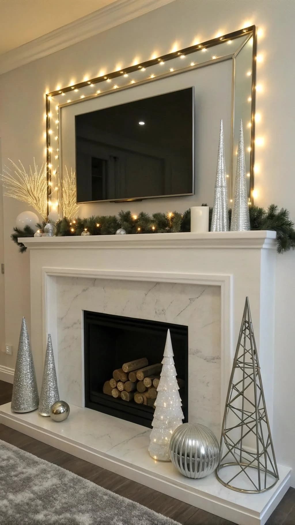 Warm string lights framing a wall-mounted TV above a white marble mantel with silver cone trees