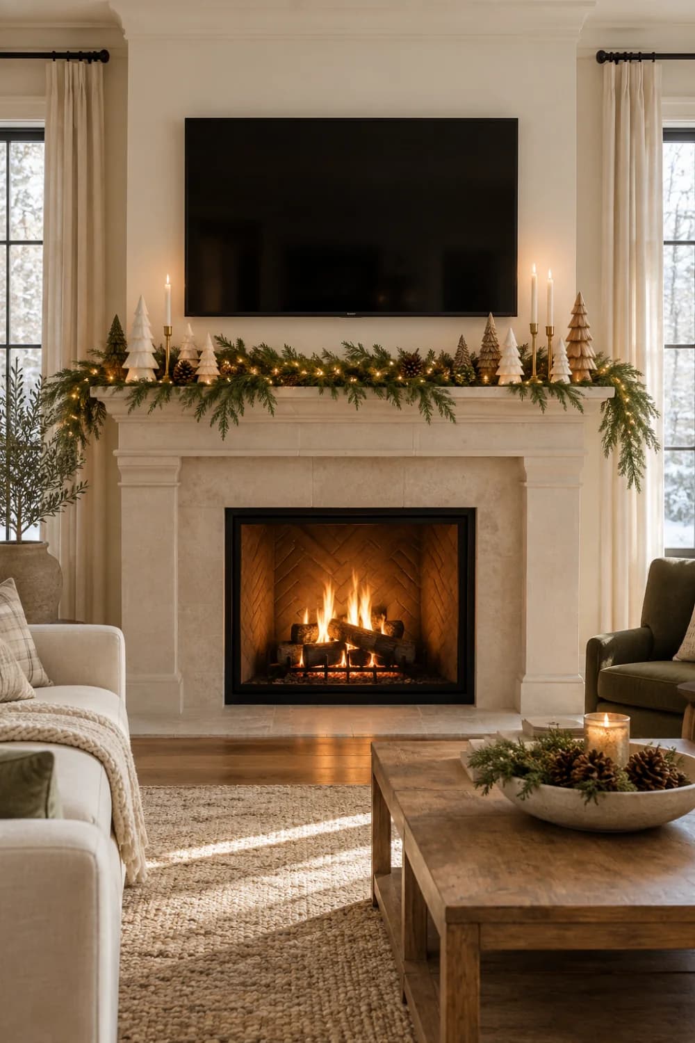 Slim lit garland with small trees on a stone mantel below a wall-mounted TV in a cream living room