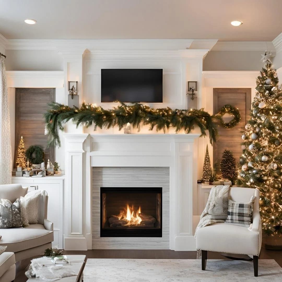 White fireplace with a full green garland under a small TV, next to a lit Christmas tree