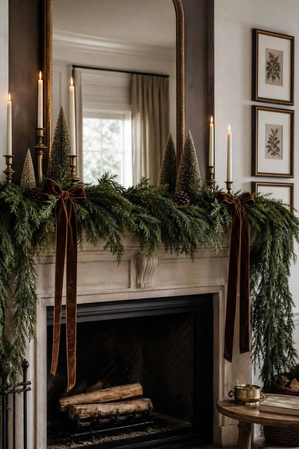 Evergreen garland with long brown velvet ribbons on a stone mantel below a mirror and taper candles