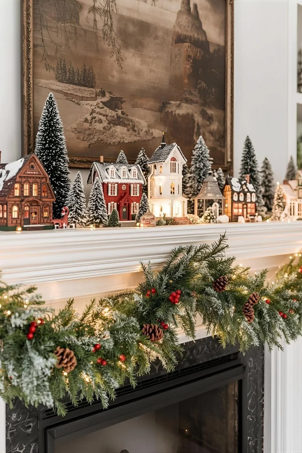 Lit ceramic Christmas village on a white mantel with a frosted garland hanging below