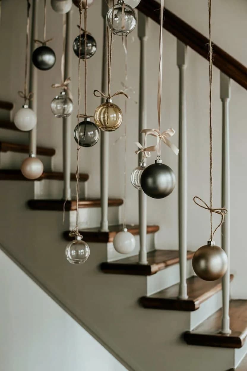 Glass, grey and champagne baubles hanging at different heights on ribbon and twine from a dark handrail between white spindles