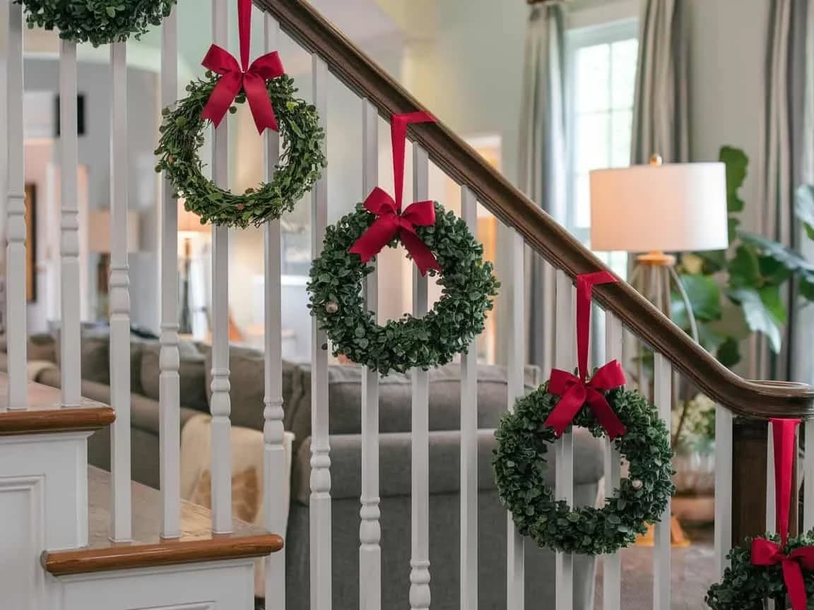 White staircase spindles with a row of small boxwood wreaths hung on red ribbons and bows from a dark wood handrail, a living room behind
