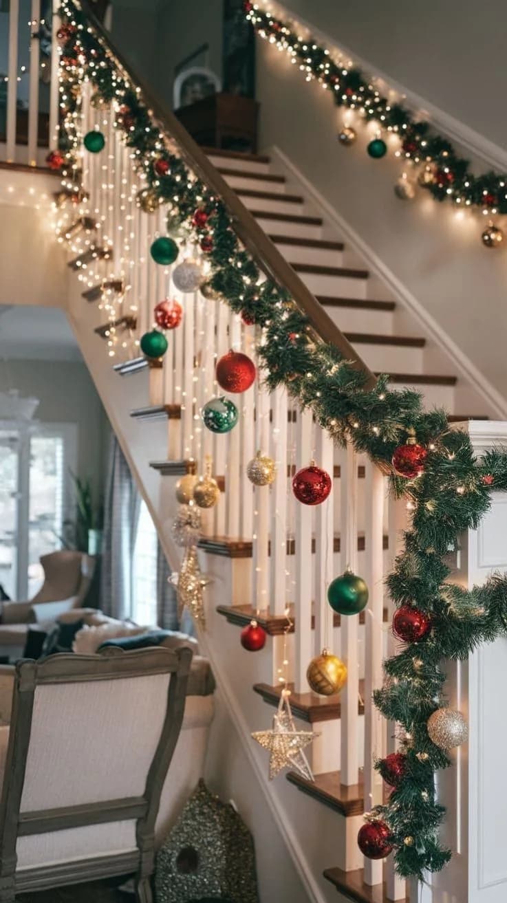 Staircase with a garland along the rail, red, green and gold baubles and a star hanging from it on ribbon, and warm micro lights along the white spindles
