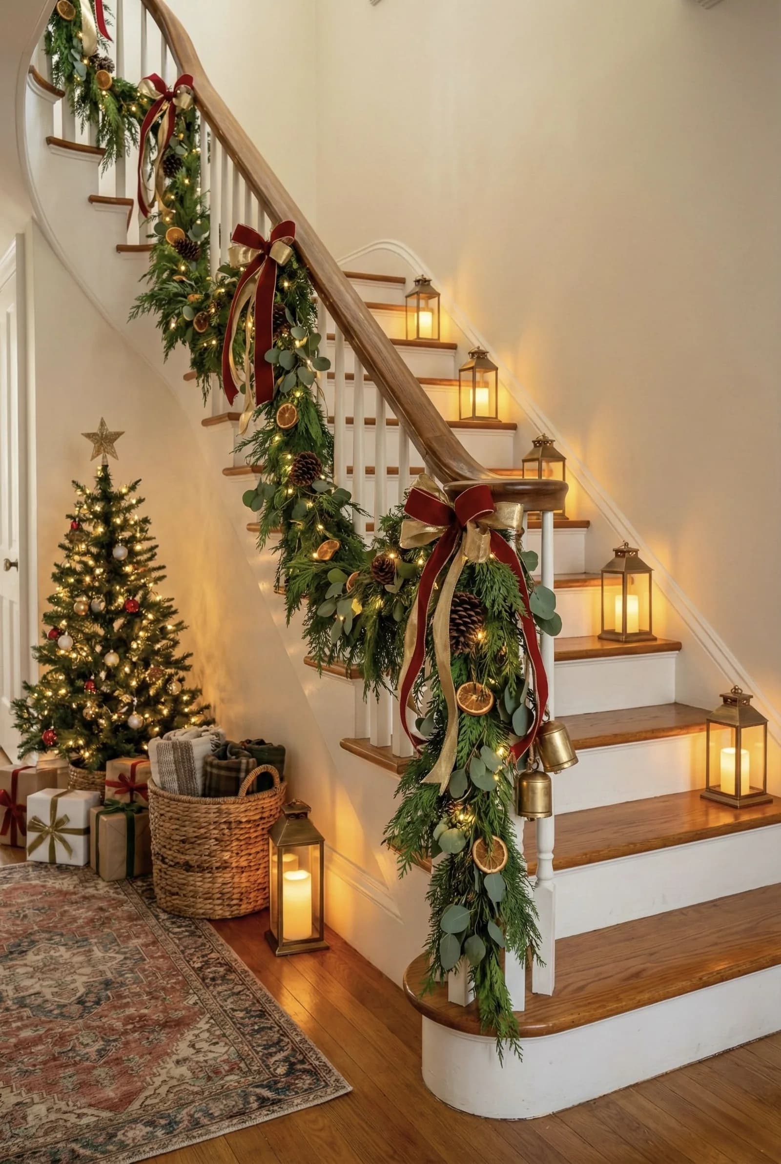 Curved staircase with a garland of pine and eucalyptus, dried orange slices, brass bells and burgundy bows, lanterns on the wide ends of the steps and a small lit tree with a basket at the foot