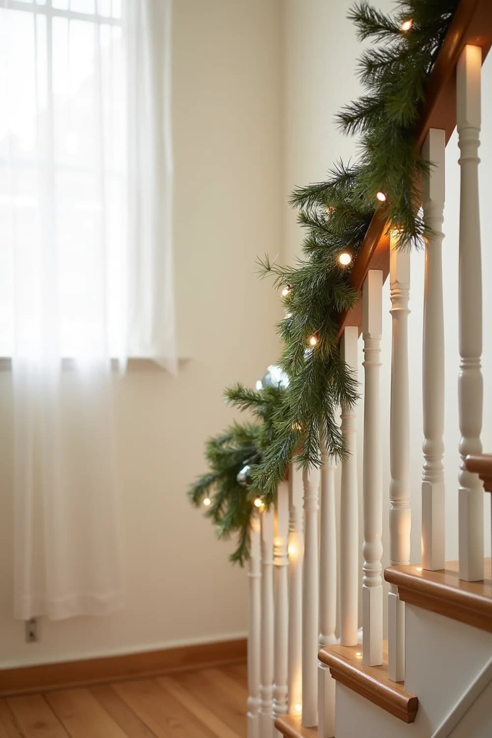 Top of a white staircase beside a window with sheer curtains, a pine garland with warm micro lights tied along the wooden rail