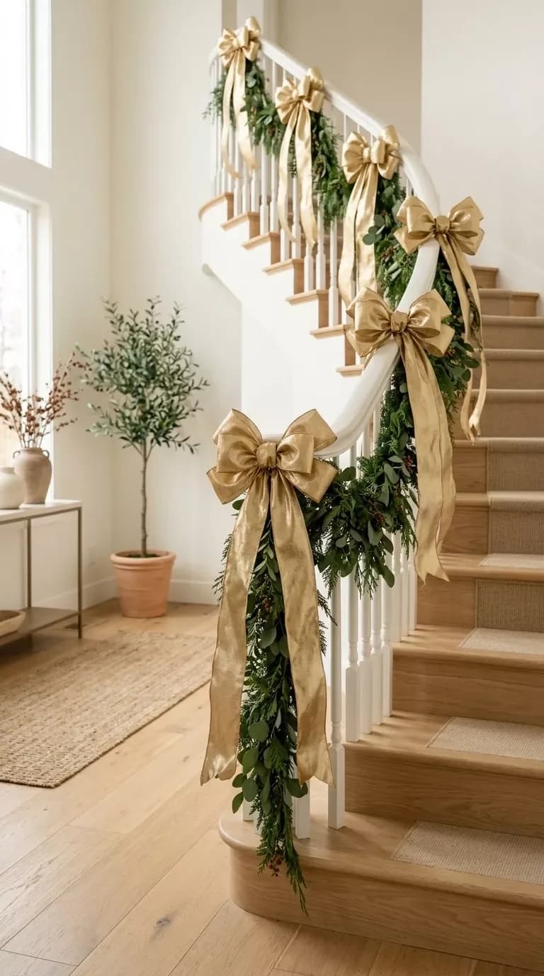 White curved staircase with a loose leafy garland and gold ribbon bows with long tails along the rail, a small olive tree in a pot below