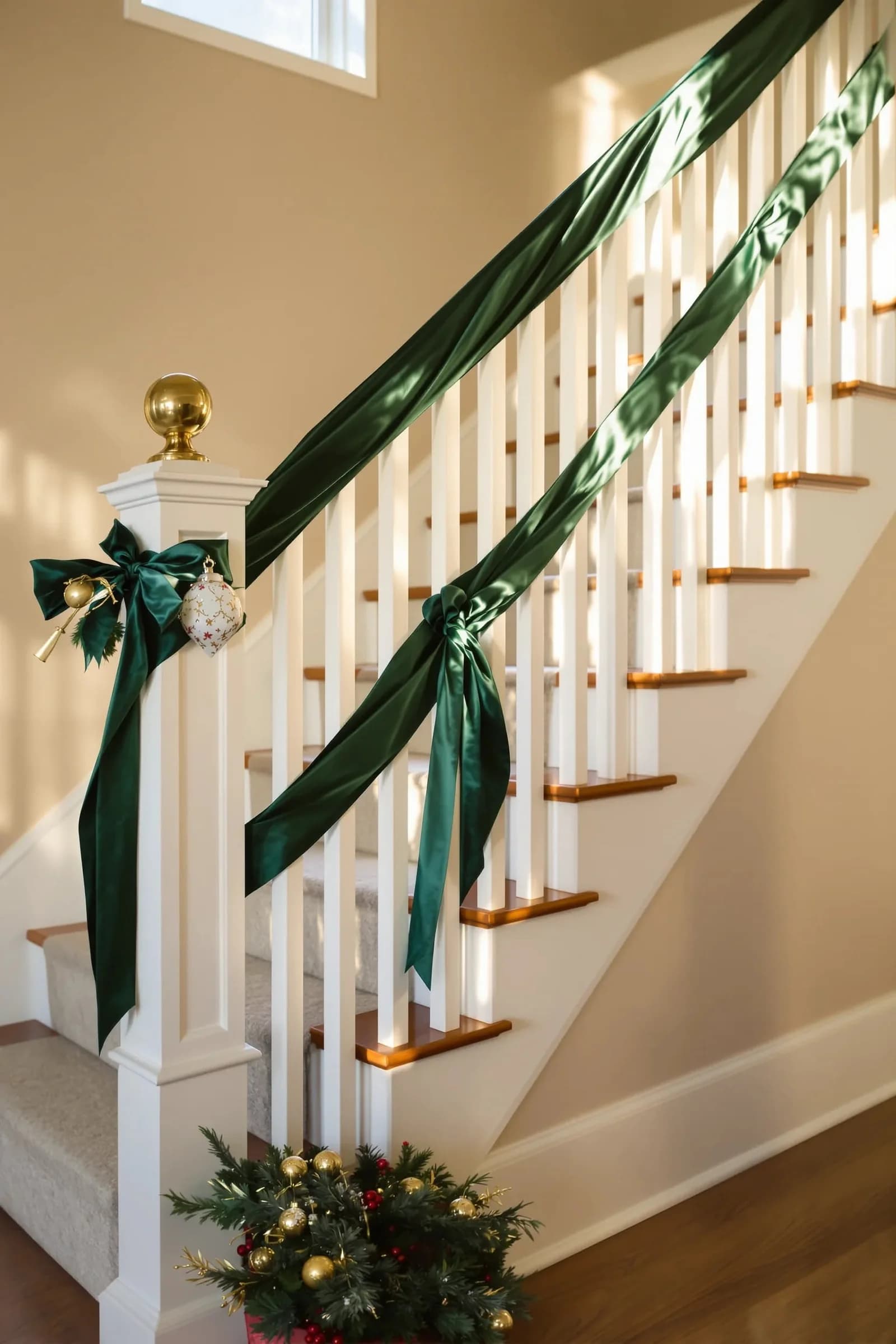 White staircase with two swags of wide dark green satin ribbon along the spindles and a large green bow with an ornament on the bottom post