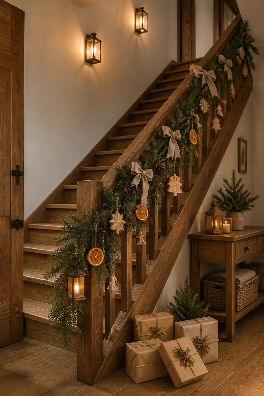 Dark wooden staircase with a thin pine garland, dried orange slices, wooden stars and cream bows, a lantern on the bottom post and brown-paper parcels on the floor
