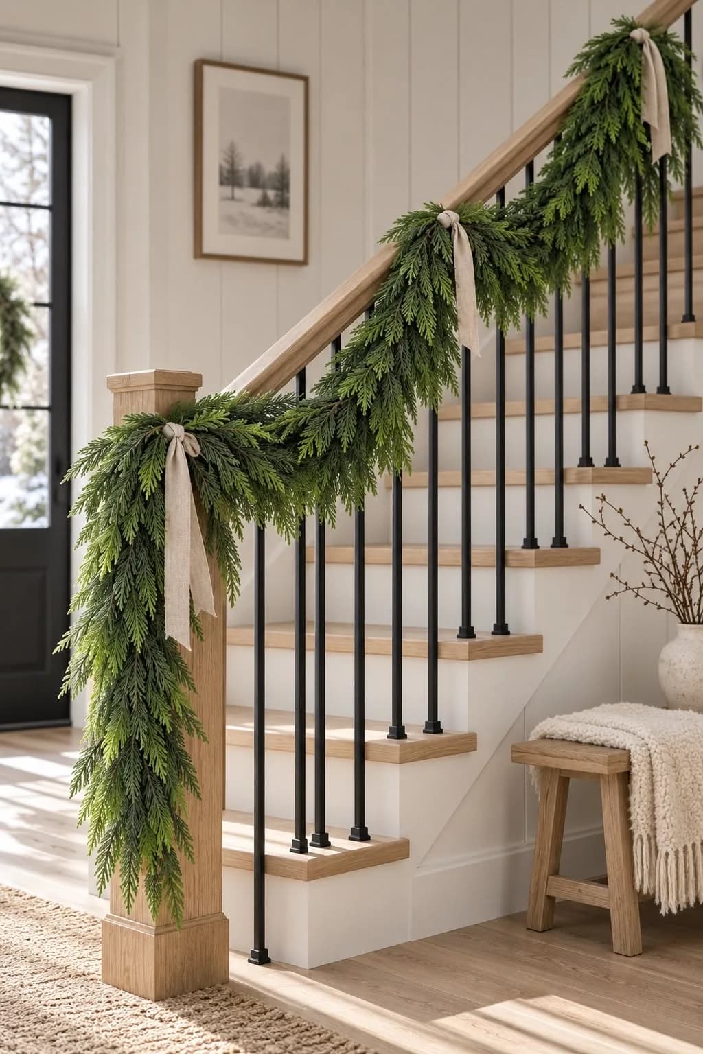Staircase with black metal spindles and a light oak rail draped with a plain cedar garland tied on with cream linen strips, a small bench with a throw at the foot