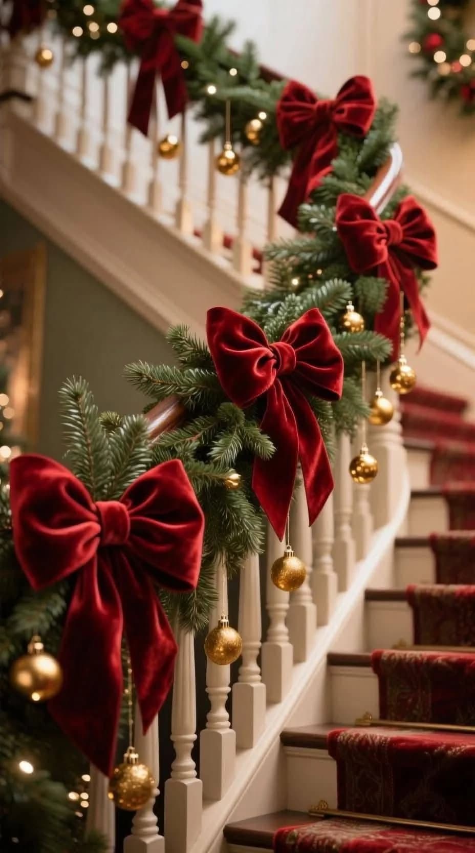 Close view of a banister garland with large red velvet bows and gold baubles hanging below, white spindles and a red stair runner